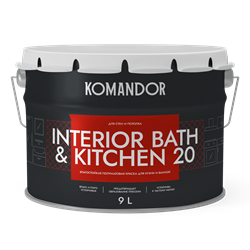 Краска полиакриловая матовая KOMANDOR INTERIOR BATH&KITCHEN 20 база А 9,0л TAL-91 - фото 139996