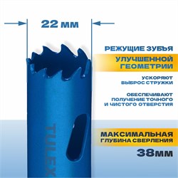 Коронка TULEX биметаллическая, шестигранный хвостовик,с центрирующим сверлом,в сборе 22мм 601013-022 - фото 143285