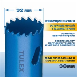 Коронка TULEX биметаллическая, шестигранный хвостовик,с центрирующим сверлом,в сборе 32мм 601013-032 - фото 143289