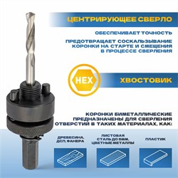 Коронка TULEX биметаллическая, шестигранный хвостовик,с центрирующим сверлом,в сборе 76мм 601013-076 - фото 143314