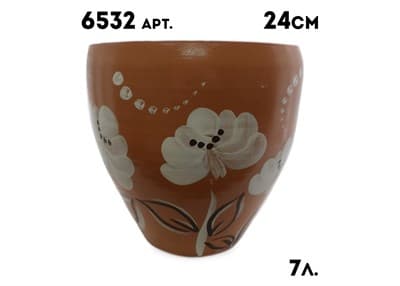 Горшок керамический 7 л. глазурованный, бочка, Цветы роспись 6532