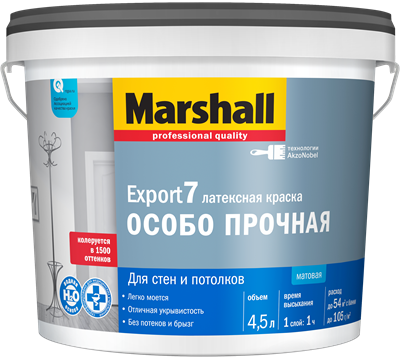 Краска водоэмульсионная MARSHALL EXPORT-7 мат.латексная BC 4,5л - фото 39087