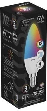 Лампа GAUSS LED Свеча E14 6W RGBW+диммирование 103101406 - фото 65663