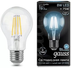 Лампа GAUSS LED Filament A60 8W 780Lm E27 4100К Е27 102802208 - фото 72574
