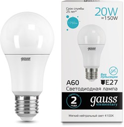 Лампа GAUSS LED 20W A60 E27 4100K 23229 - фото 83057