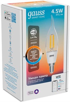 Лампа Gauss LED Smart Home Filament СF35 4,5W 495Lm E14 2000К-6500K изм.цвет.темп+дим. 1280112 - фото 87372