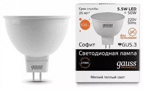 Лампа GAUSS LED Elementary MR16 5.5W GU5.3 3000k LD13516