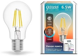 Лампа Gauss светодиодная филаментная Smart Home DIM+CCT E27 A60 6,5Вт 2000-6500К 1220112